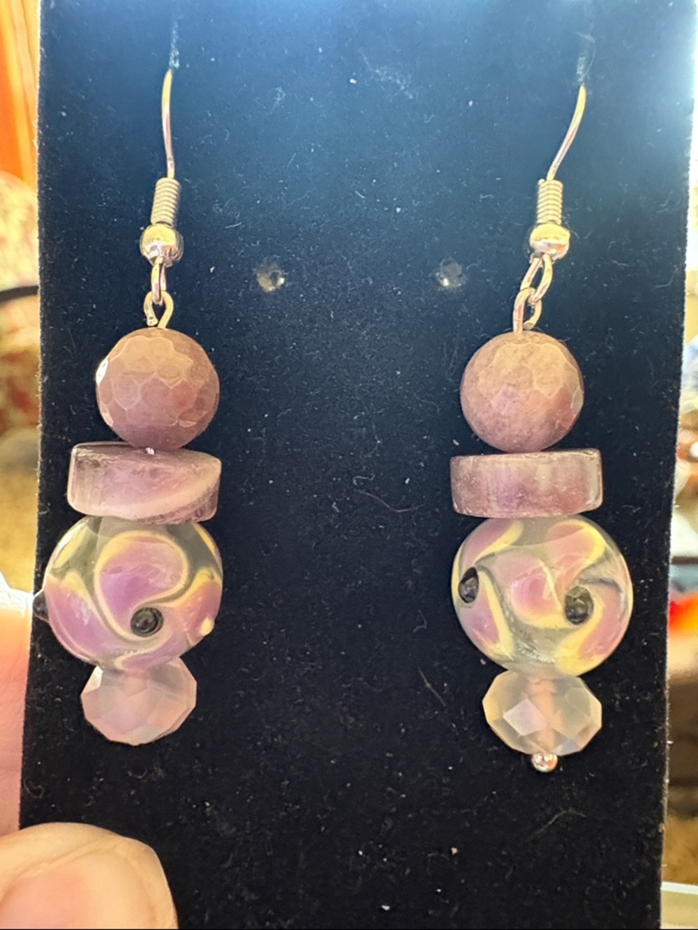 Hand Crafted Amethyst and Mookite Swirl Lampwork Dangle Earrings